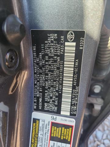 4T4BF1FK8CR180915 - 2012 TOYOTA CAMRY BASE GRAY photo 12