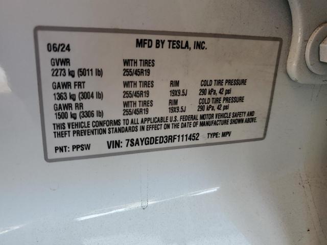 7SAYGDED3RF111452 - 2024 TESLA MODEL Y Білий фото 12