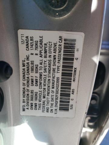 2HGFB2F50CH323999 - 2012 HONDA CIVIC LX SILVER photo 12