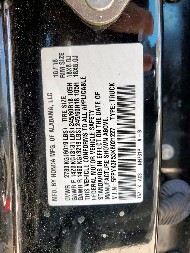 5FPYK3F53KB021227 - 2019 HONDA RIDGELINE RTL შავი ფოტო 12