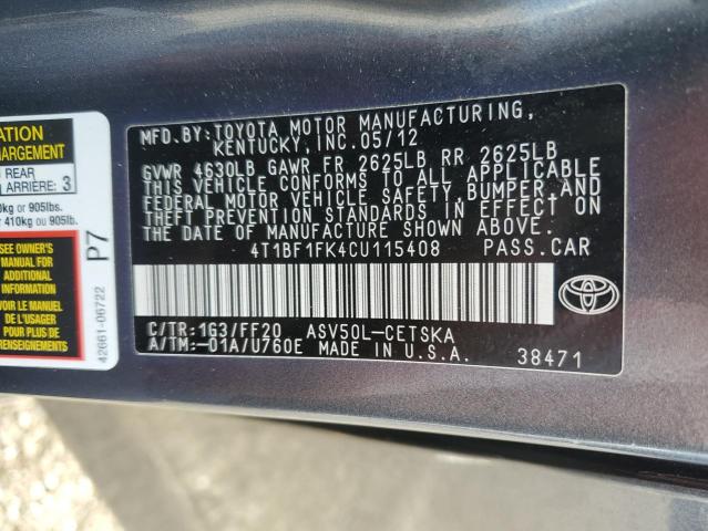 4T1BF1FK4CU115408 - 2012 TOYOTA CAMRY BASE ნაცრისფერი ფოტო 12