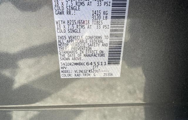 5N1DR2MM8KC645511 - 2019 NISSAN PATHFINDER S Boz foto 10