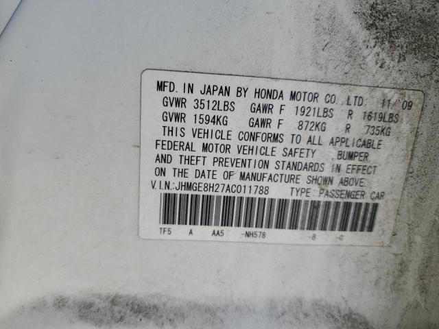 JHMGE8H27AC011788 - 2010 HONDA FIT WHITE photo 13