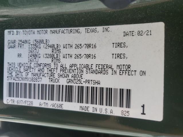 5TFAZ5CNXMX102837 - 2021 TOYOTA TACOMA DOUBLE CAB Yaşıl foto 12