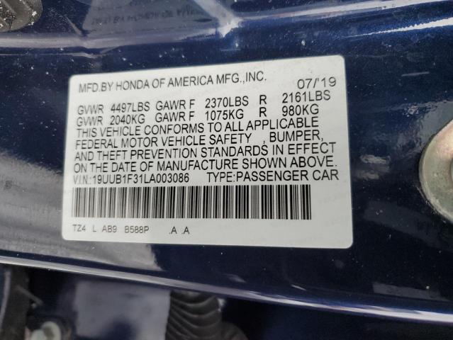 19UUB1F31LA003086 - 2020 ACURA TLX BLUE photo 12