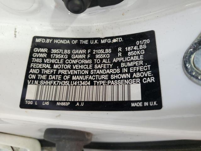 SHHFK7H35LU413404 - 2020 HONDA CIVIC LX WHITE photo 12