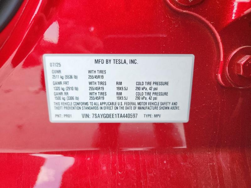 7SAYGDEE1TA440597 - 2026 TESLA MODEL Y RED photo 12