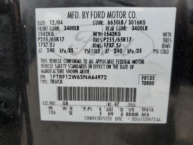 1FTRF12W65NA64972 - 2005 FORD F150 BLACK photo 12