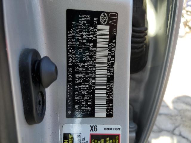 2T1BURHE8EC214720 - 2014 TOYOTA COROLLA L SILVER photo 12