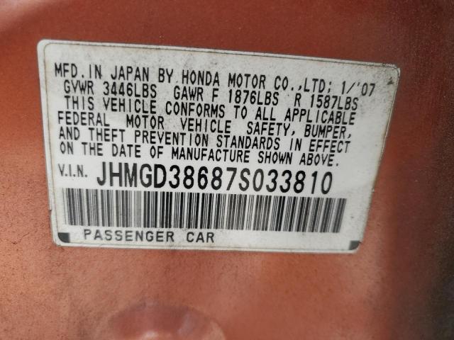 JHMGD38687S033810 - 2007 HONDA FIT S ORANGE photo 13