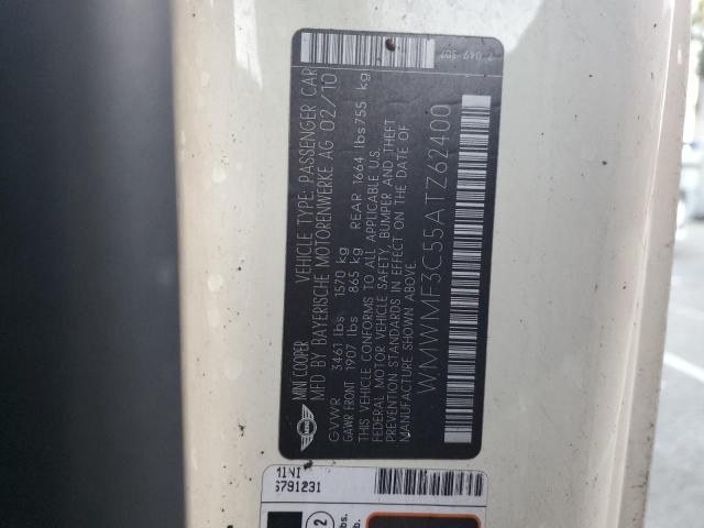 WMWMF3C55ATZ62400 - 2010 MINI COOPER WHITE photo 12