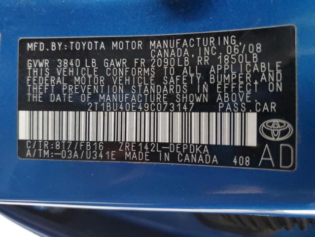 2T1BU40E49C073147 - 2009 TOYOTA COROLLA BASE BLUE photo 13