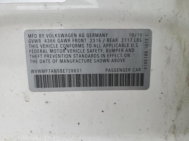 WVWMP7AN5BE728631 - 2011 VOLKSWAGEN CC SPORT 白色 照片 12