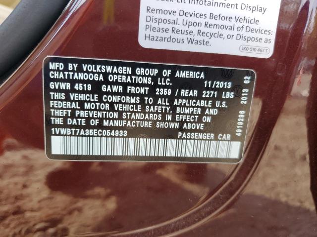 1VWBT7A35EC054933 - 2014 VOLKSWAGEN PASSAT SE ყავისფერი ფოტო 12