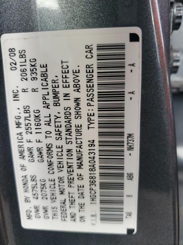 1HGCP36818A043194 - 2008 HONDA ACCORD EXL GRAY photo 12
