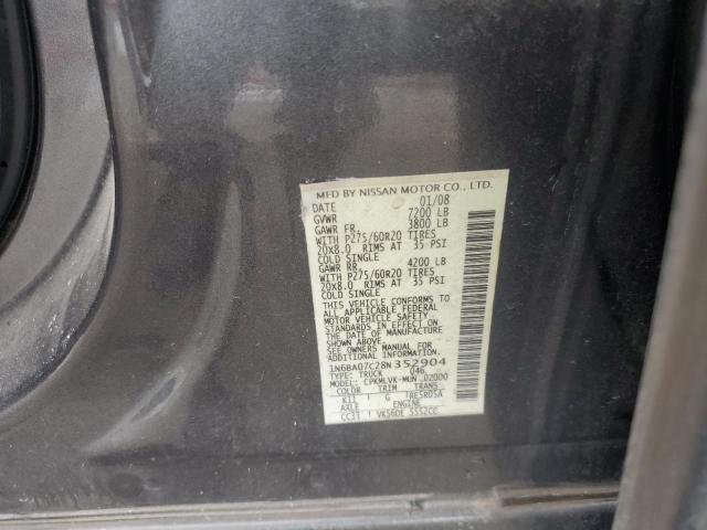 1N6BA07C28N352904 - 2008 NISSAN TITAN XE GRAY photo 12