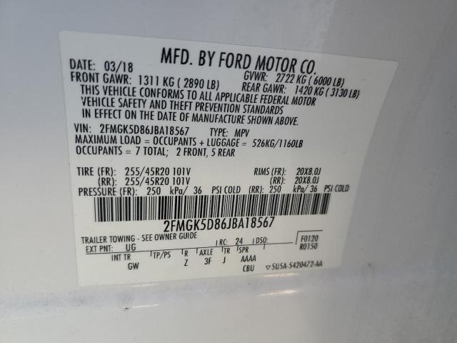 2FMGK5D86JBA18567 - 2018 FORD FLEX LIMITED WHITE photo 13