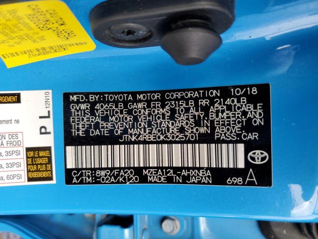 JTNK4RBE0K3025701 - 2019 TOYOTA COROLLA SE BLUE photo 13