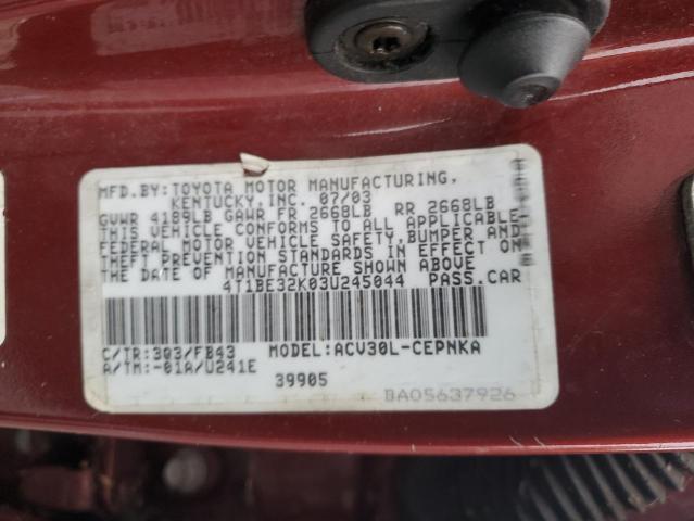 4T1BE32K03U245044 - 2003 TOYOTA CAMRY LE MAROON photo 12