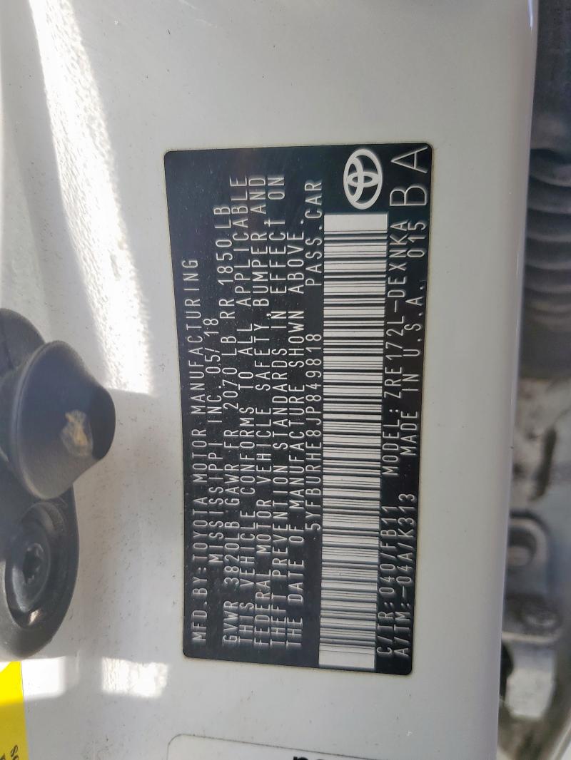 5YFBURHE8JP849818 - 2018 TOYOTA COROLLA L WHITE photo 12