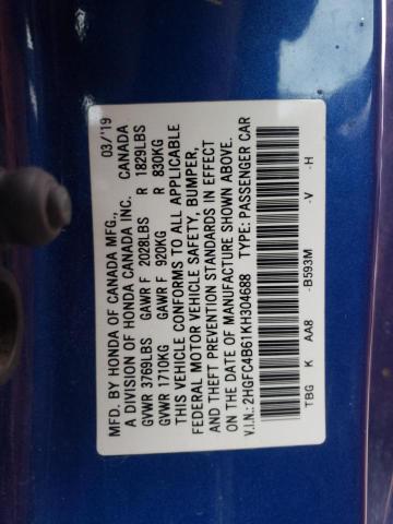 2HGFC4B61KH304688 - 2019 HONDA CIVIC LX BLUE photo 12