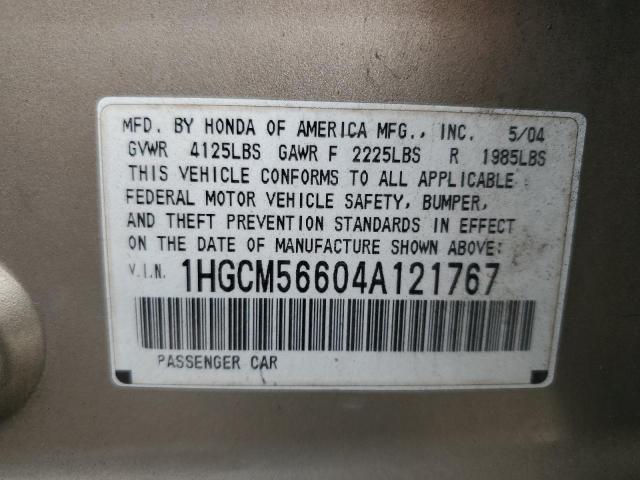 1HGCM56604A121767 - 2004 HONDA ACCORD EX TAN photo 12