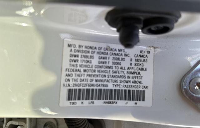 2HGFC2F69KH547955 - 2019 HOND CIVIC LX WHITE photo 10