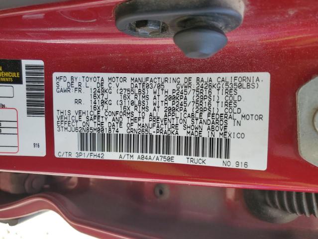 3TMJU62N85M001874 - 2005 TOYOTA TACOMA DOUBLE CAB PRERUNNER BURGUNDY photo 12