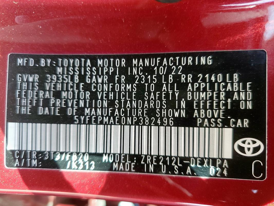 5YFEPMAE0NP382496 - 2022 TOYOTA COROLLA LE BURGUNDY photo 13