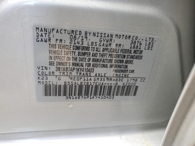 3N1AB7AP1KY410403 - 2019 NISSAN SENTRA S SILVER photo 13