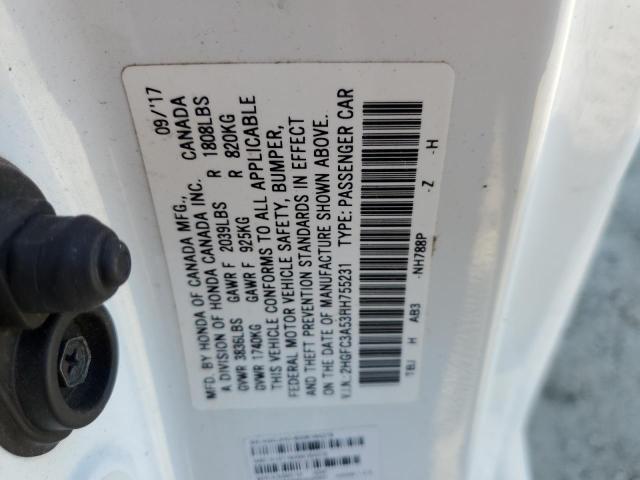 2HGFC3A53HH755231 - 2017 HONDA CIVIC SI WHITE photo 12