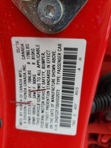 2HGFC2F70GH552073 - 2016 HONDA CIVIC EX RED photo 12