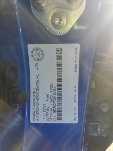 2HGFC2F7XMH006196 - 2021 HONDA CIVIC EX Niebieski zdjęcie 12