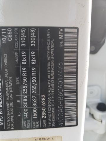 4JGDA5HB6CA017476 - 2012 MERCEDES-BENZ ML 350 4MATIC WHITE photo 12