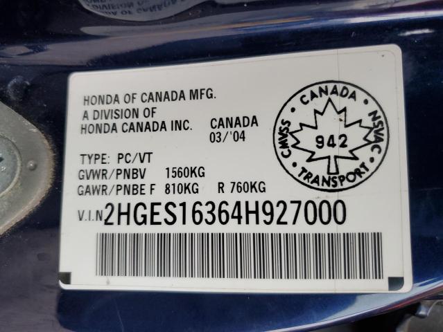 2HGES16364H927000 - 2004 HONDA CIVIC DX VP ლურჯი ფოტო 12