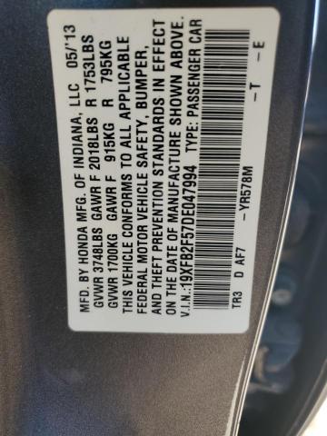 19XFB2F57DE047994 - 2013 HONDA CIVIC LX GRAY photo 11