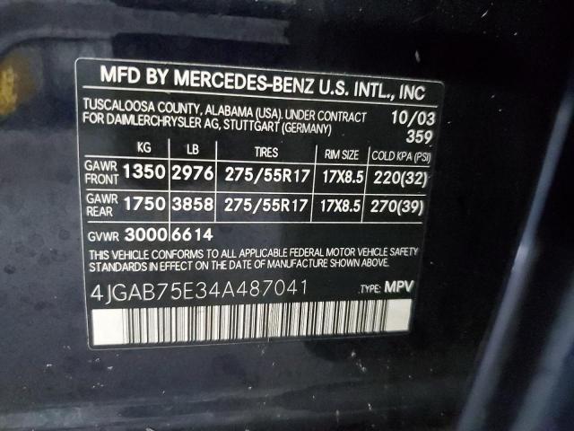 4JGAB75E34A487041 - 2004 MERCEDES-BENZ ML 500 BLACK photo 13