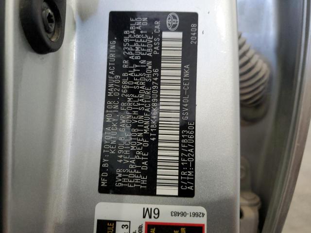 4T1BK46K89U097436 - 2009 TOYOTA CAMRY SE SILVER photo 12