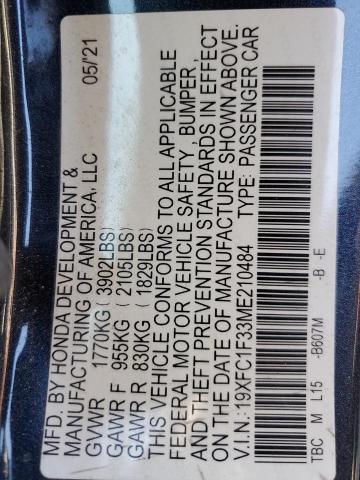 19XFC1F33ME210484 - 2021 HONDA CIVIC EX Mavi fotoğraf 13