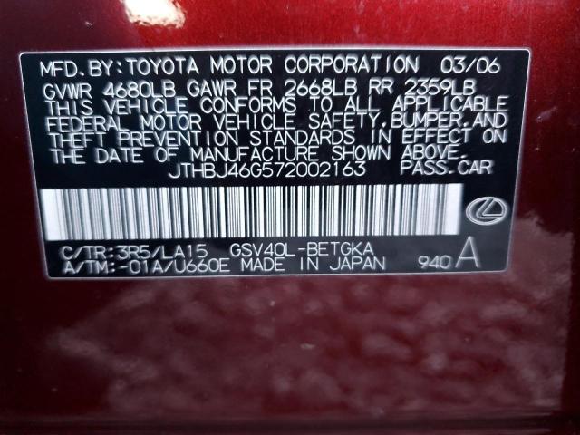 JTHBJ46G572002163 - 2007 LEXUS ES 350 BURGUNDY photo 12