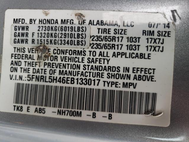 5FNRL5H46EB133017 - 2014 HONDA ODYSSEY EX SILVER photo 13