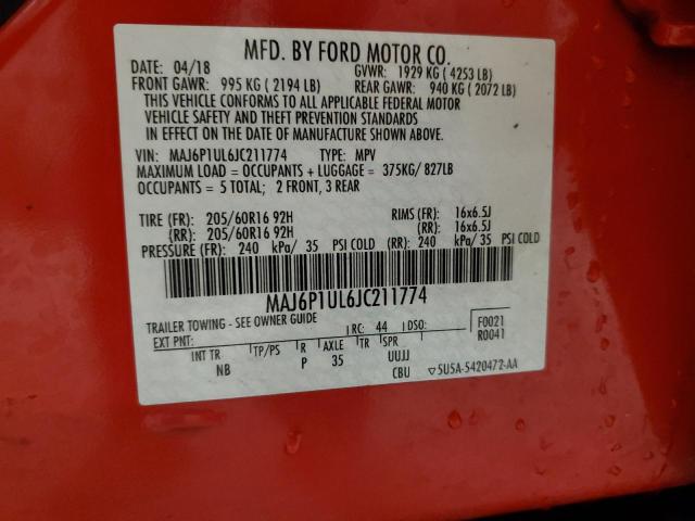 MAJ6P1UL6JC211774 - 2018 FORD ECOSPORT SE RED photo 12