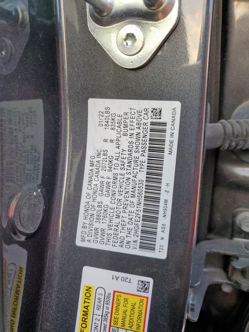 2HGFE2F51NH560530 - 2022 HONDA CIVIC SPORT გრაფიტი ფოტო 12