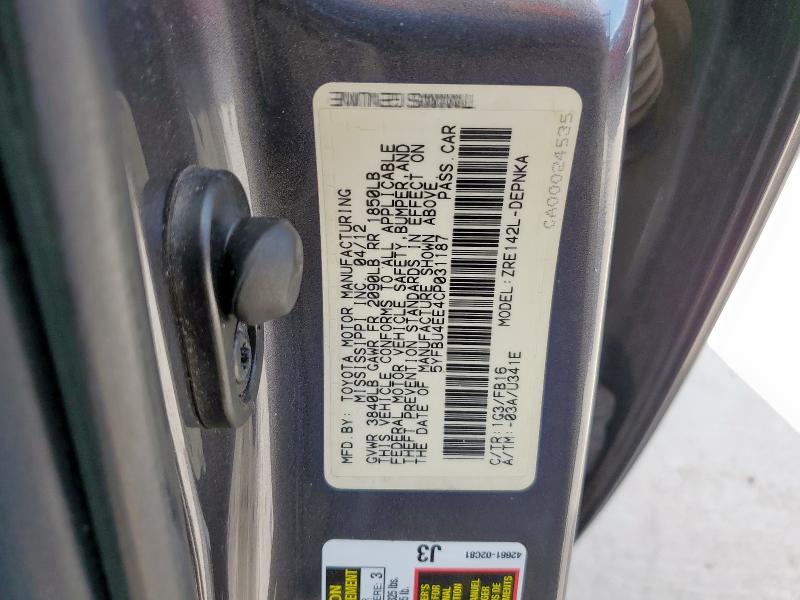 5YFBU4EE4CP031187 - 2012 TOYOTA COROLLA BASE CHARCOAL photo 12