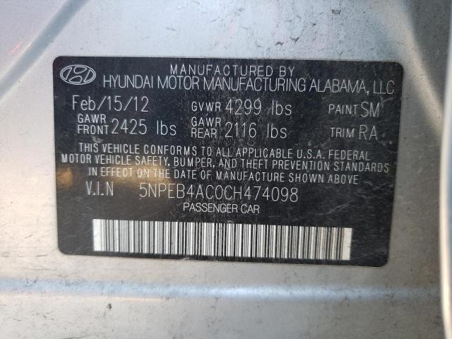 5NPEB4AC0CH474098 - 2012 HYUNDAI SONATA GLS SILVER photo 12