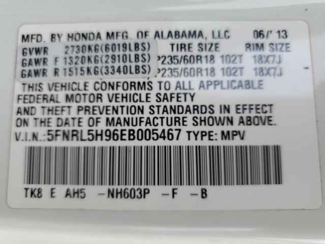 5FNRL5H96EB005467 - 2014 HONDA ODYSSEY TOURING WHITE photo 13