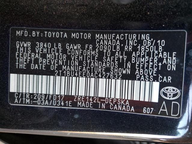 2T1BU4EE0AC427632 - 2010 TOYOTA COROLLA BASE BLACK photo 12