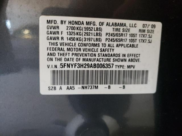 5FNYF3H29AB006357 - 2010 HONDA PILOT LX GRAY photo 12