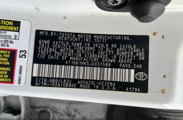 4T1B61HK5JU031589 - 2018 TOYOTA CAMRY XSE Белый фото 10