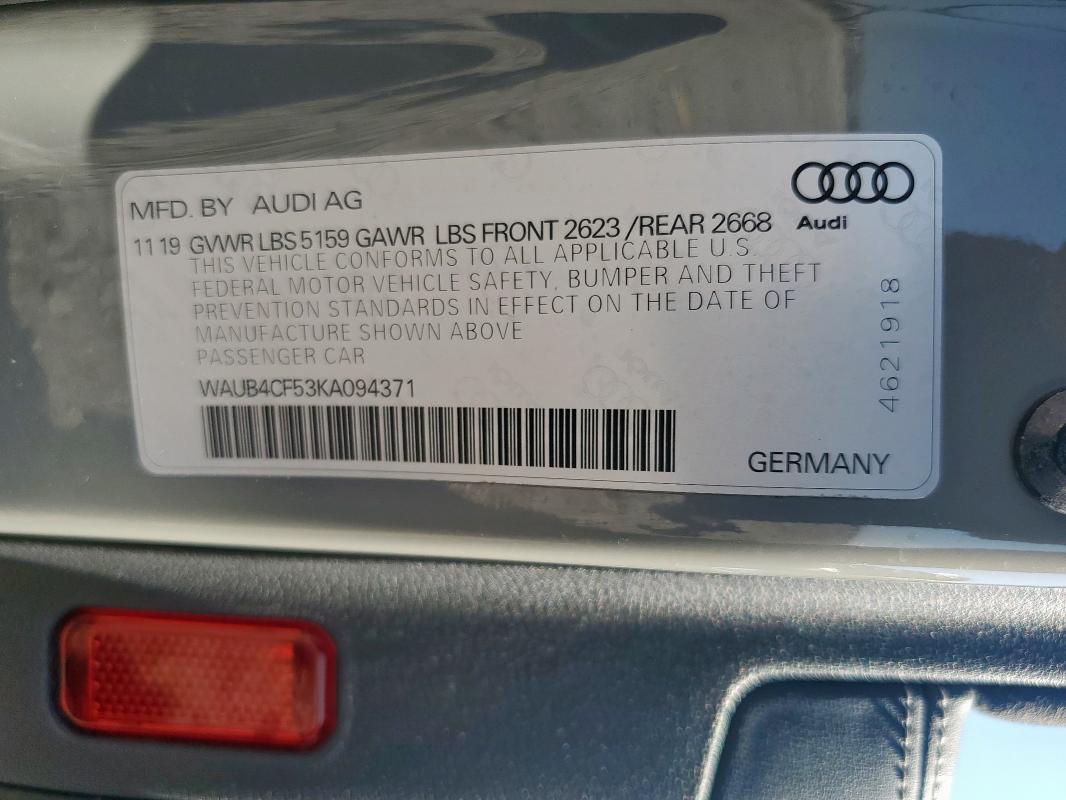 WAUB4CF53KA094371 - 2019 AUDI S5 PREMIUM PLUS ნაცრისფერი ფოტო 13